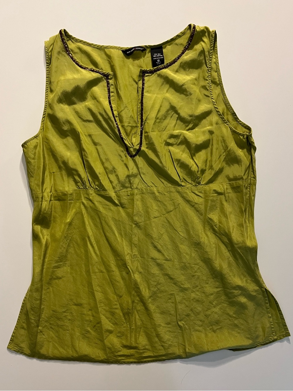 Vintage y2k New York & Company Chartreuse Sleeveless Silk Beaded Trim Top XL